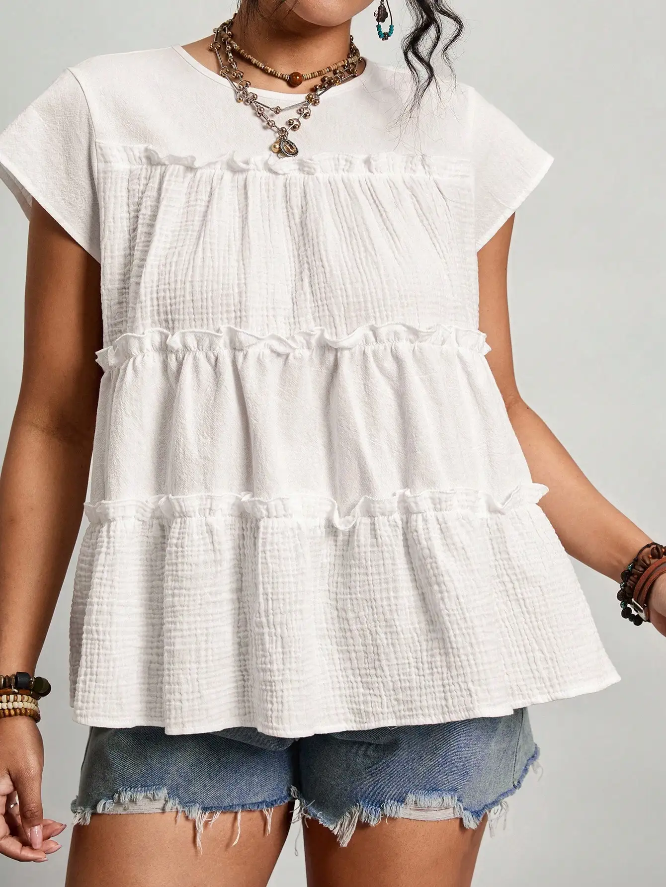 

White Cotton Ruffle Trim Tiered Blouse Casual Bohemian Short Sleeve Top