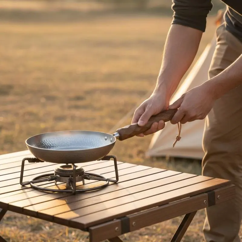 

Hammered Metal Frying Pan No Coating Uncoated Metal Skillet Lightweight Backpacking Pan Detachable Handle Outdoor Cookware