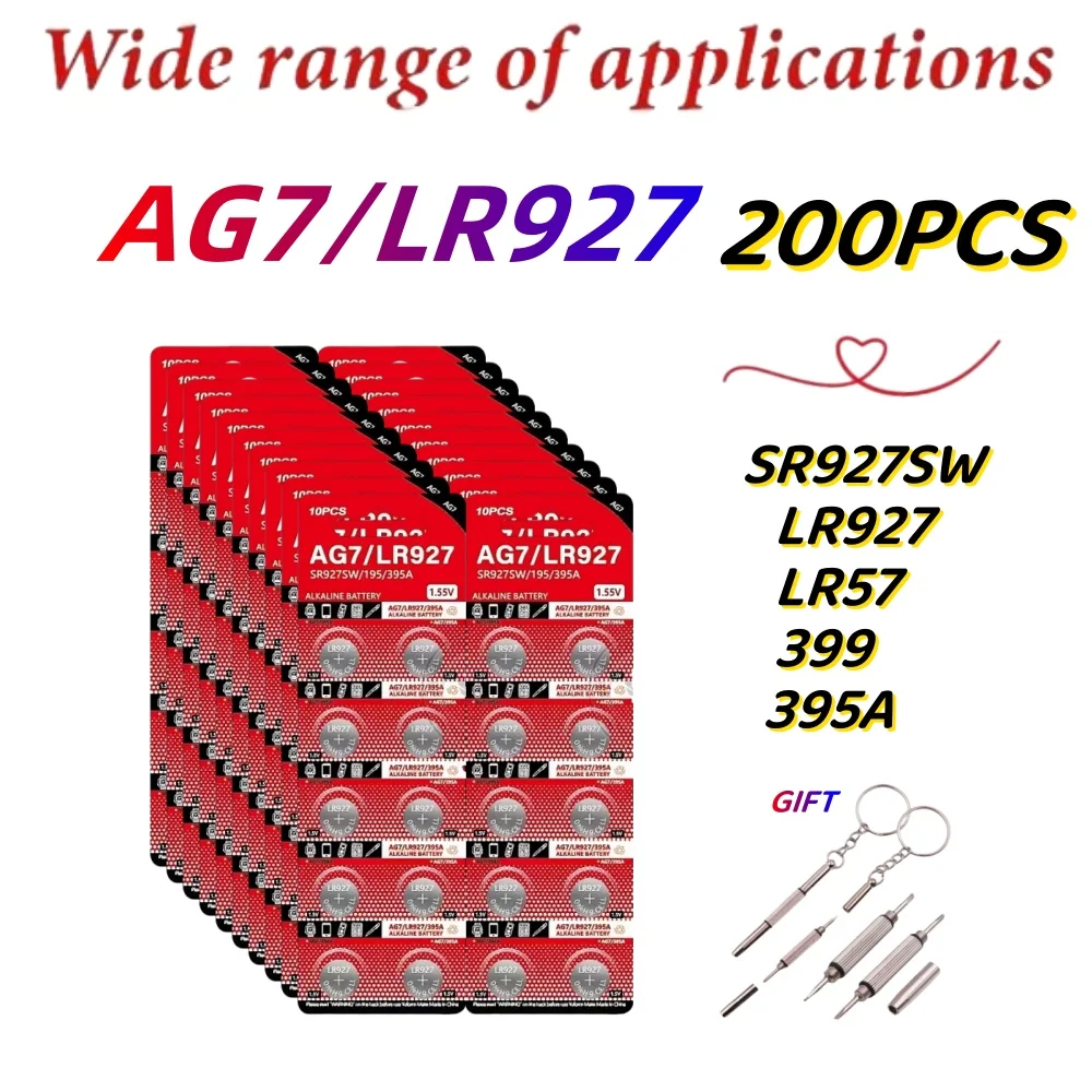 200PCS AG7 LR927 395 1.55V Button Batteries For Watch Toys Remote LR57 SR927 LR926 395A 399 195 Cell Coin Alkaline Battery