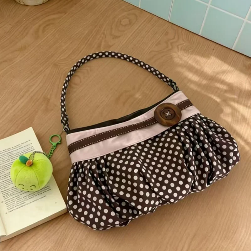 

Винтажная женская сумка через плечо в горошек с пуговицами, декорированная рюшами, повседневная минималистичная сумка-тоут для города и шопинга