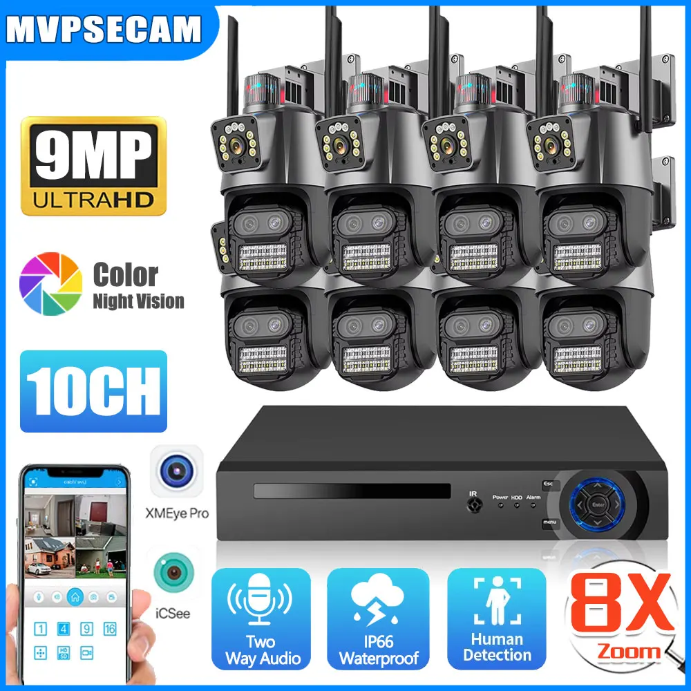 

9MP Three Lens 8X Zoom Wifi PTZ XMEYE 10CH POE NVR Surveillance System Two Way Audio CCTV Security Camera Video Surveillance Kit