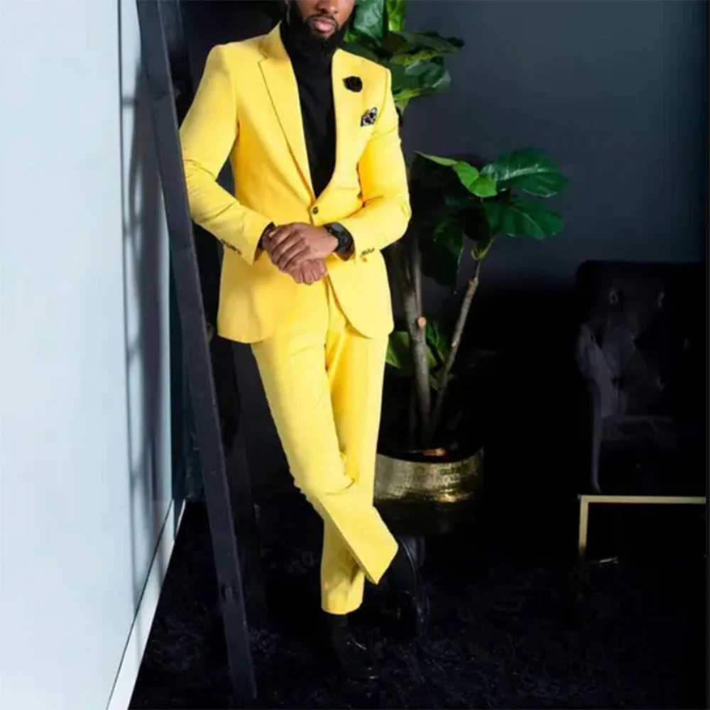 

Желтые мужские костюмы Slim Fit, комплект из 2 предметов, свадебные смокинги для жениха, модная мужская куртка, пиджак, брюки, деловой костюм Homme Mariage