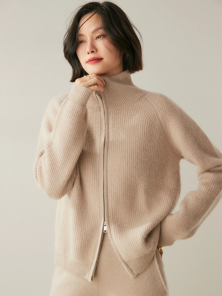 2024 New 100% Cashmere Sweater For Women Zippers Casual Cardigans Autumn Winter Thick Solid Soft Warm Coat Cashmere Knitwear Top