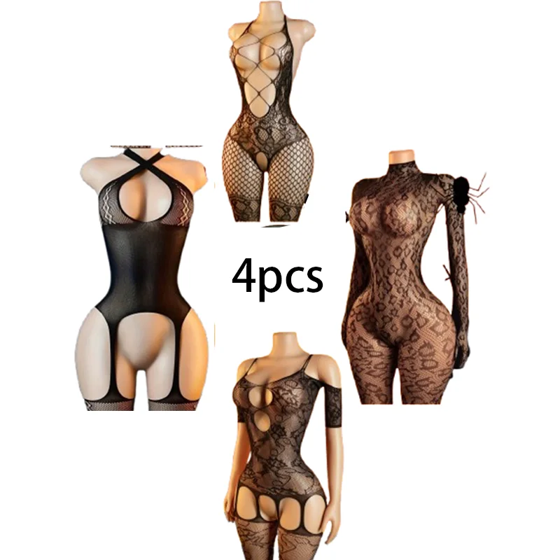 Lingerie - ชุดชั้นในเซ็กซี่ 4 ชิ้น: บอดี้สูทตาข่าย/บอดี้สูทตาข่ายสำหรับผู้หญิง
