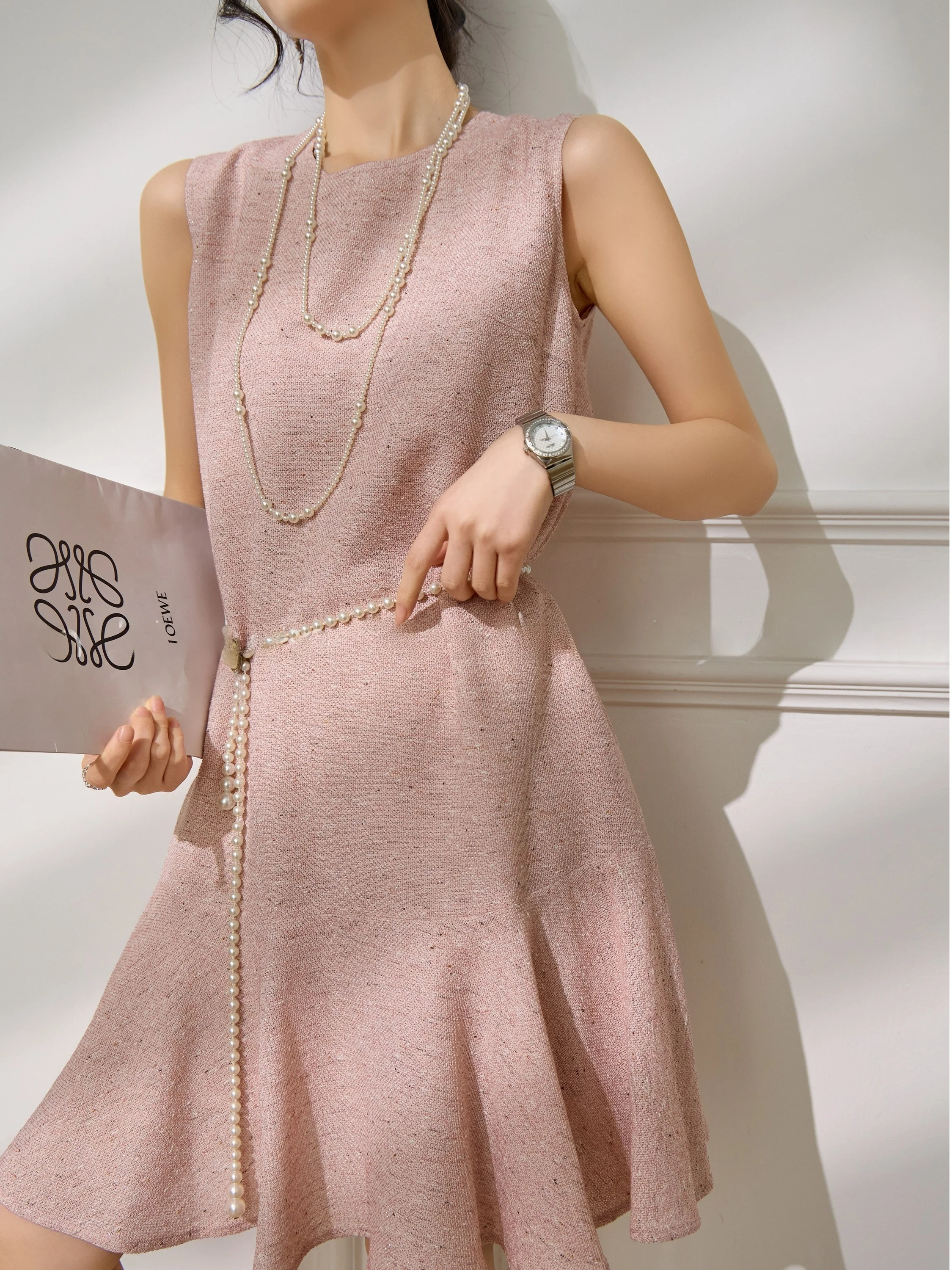 

Spring Summer Pink Luxury Sensation Small Fragrance Style Miss Rich Girl Sleeveless Dress Women's Fashion High Waist A-Line S...