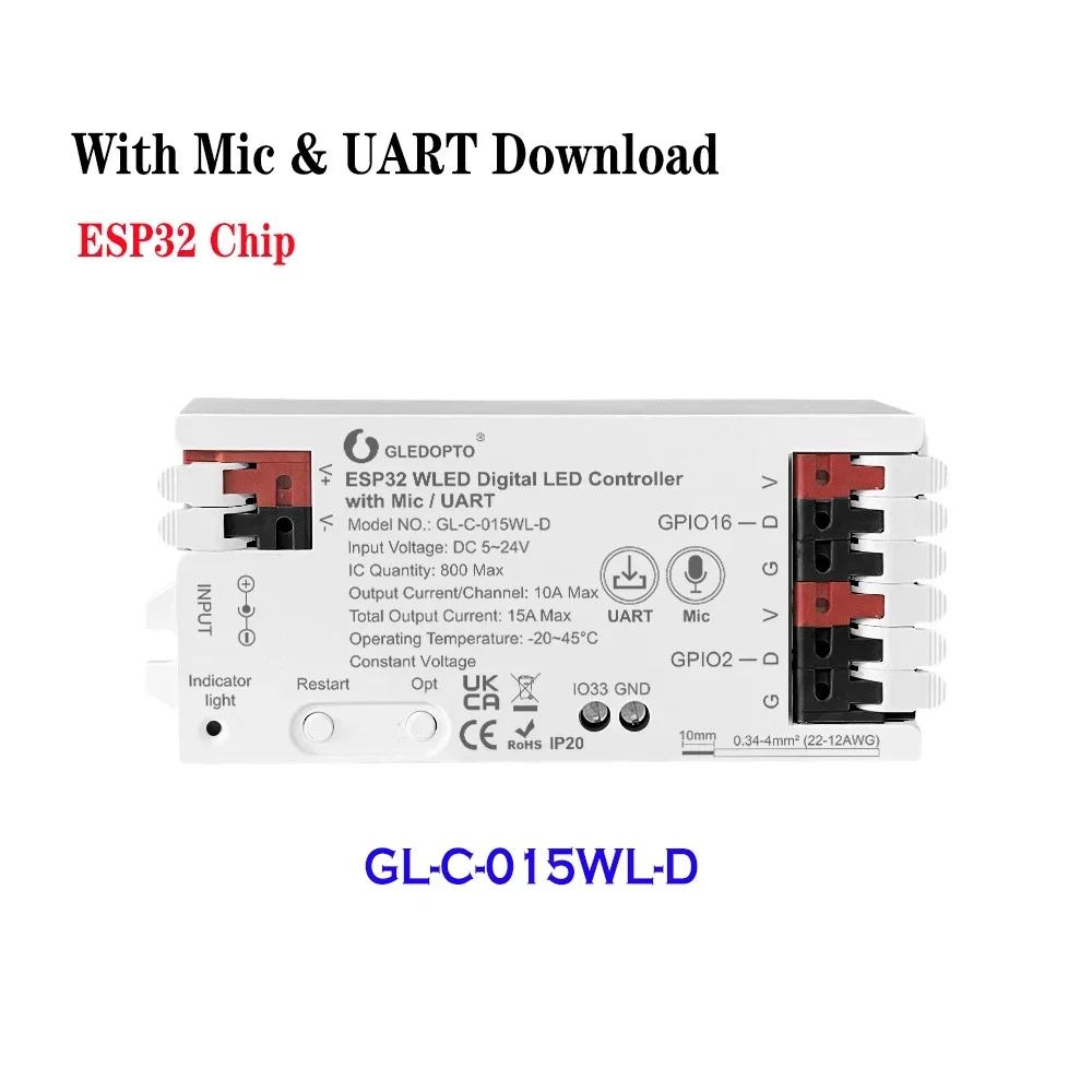 GLEDOPTO WLED LED Controller Mic UART Download ESP32 12V DC 5-24V Supported WS2811, SK6812, SM16703P, WS2812 Strip Light