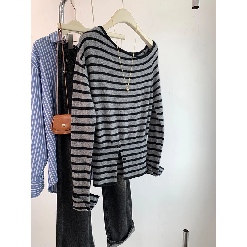 Women's Stripe Knitted Sweater One-oulder Slit Design Casual Loose Fit Long Sve Warm Autumn Winter Faion Top