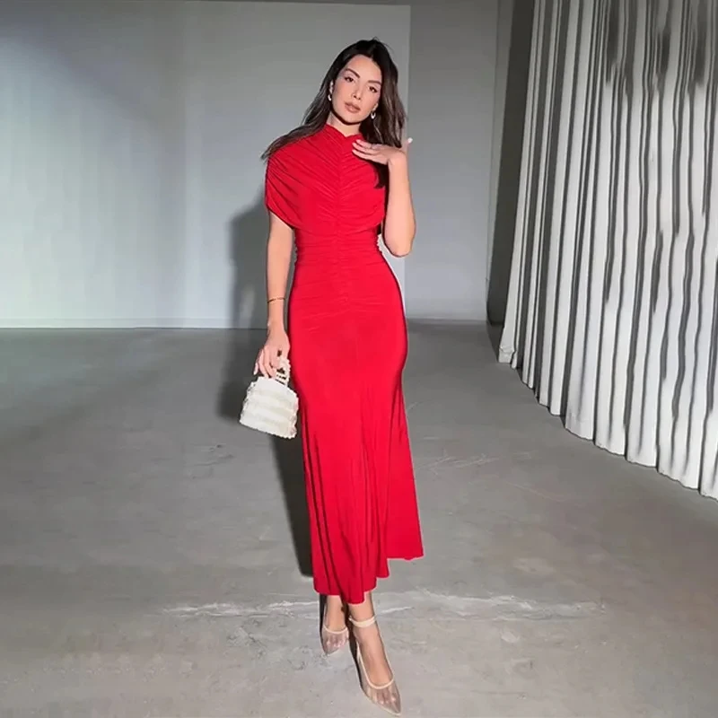 

2026 Spring New Fashion Elegant Pure Color Short Sleeve High Neck Ruched Bodycon Midi Dress Women