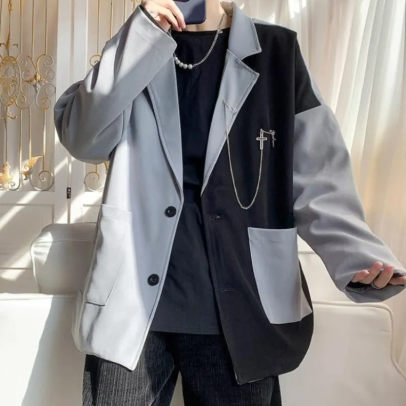 Autumn Men's Premium Trendy Street Suit Set Ins Unique Design Color Block Patchwork Edgy Chic Blazer Outfit