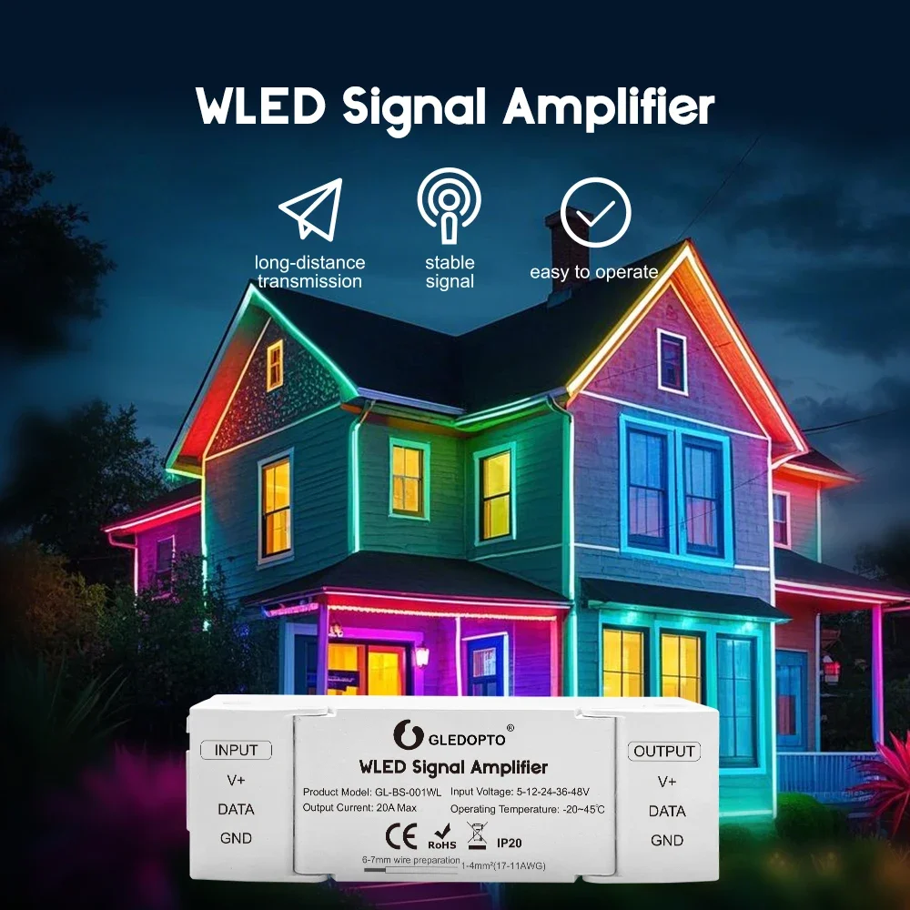 GLEDOPTO WLED Signal Amplifier 5-48V 10M Extension for WS2811 WS2812 SK6812 RGBIC Digital LED Strip Light Controller