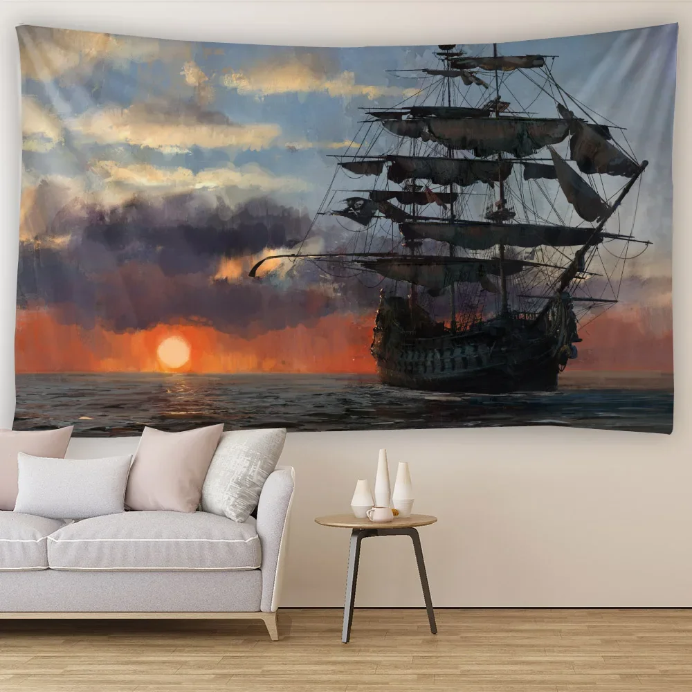 Ocean Pirate Ship Background Polyester Fabric Tapestry Sailing Gloom Night Wall Hanging Home Aesthetic Decoration Poster
