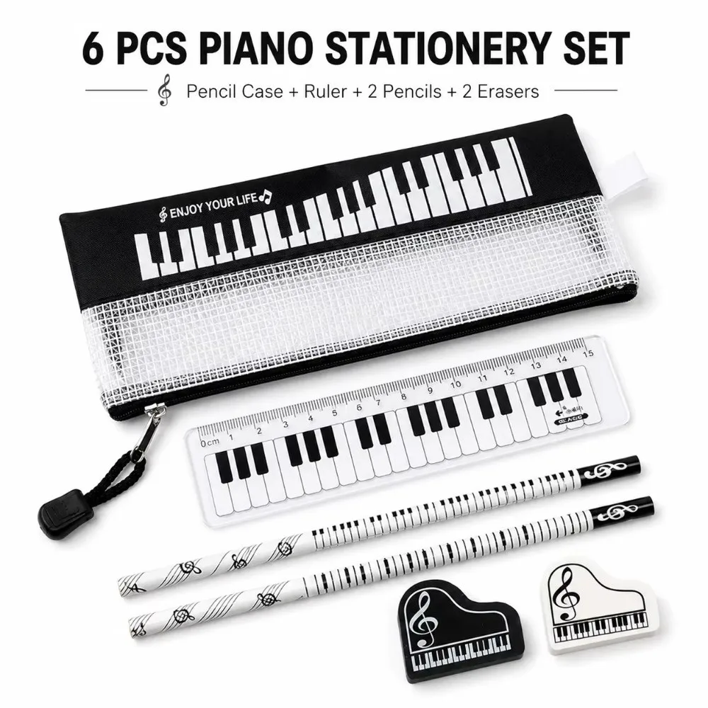 6Pcs 6-Piece Set Music Stationery Set Pencil Bag Bill Organizer Note Pouch Piano Pen Case Music Theme Ruler Pencil Eraser