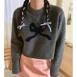 New Bow Tie Round Neck Long Sleeved Knitted Sweater for Women Versatile Pullover Sweater