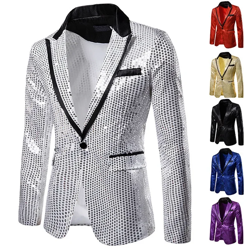 Men Nightclub Prom Suit Blazer Costume Shiny Gold Sequin Glitter Embellished Blazer Jacket Coat Homme Stage Clothes for Singers