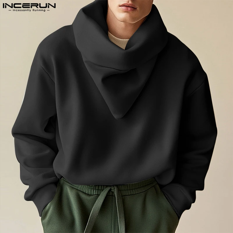 INCERUN Men Casual Well Fitting Hoodies Long Sleeve Pile Collar Design Solid Pullovers Fashion Boy Simple Commuting Jumpers 2024