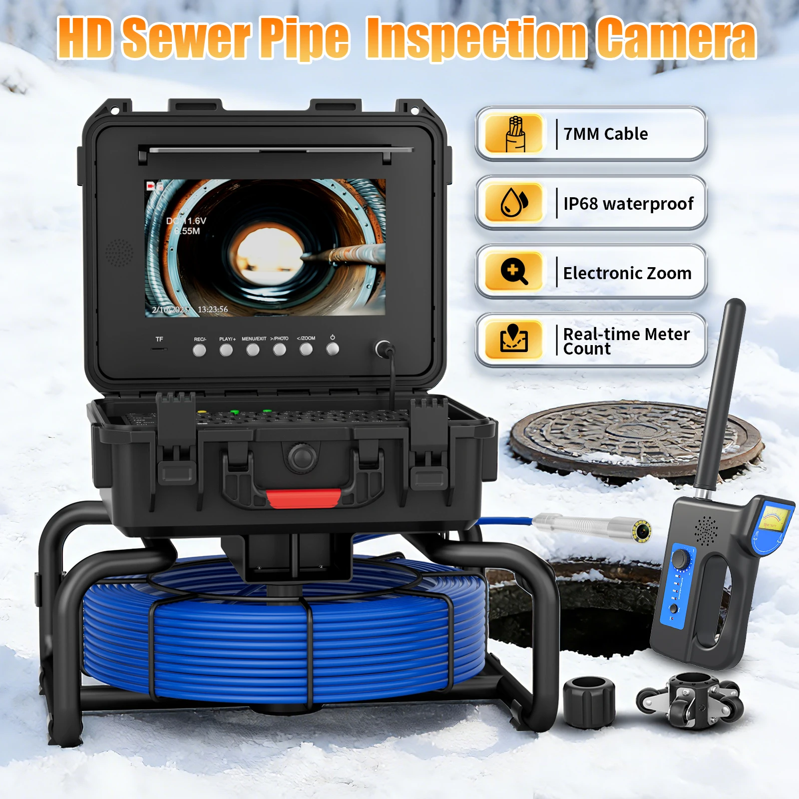 Câmera de inspeção de esgoto-câmera de esgoto com autonivelamento automático com localizador sem fio de 512 Hz, endoscópio de esgoto à prova d'água HD com 12 LEDs