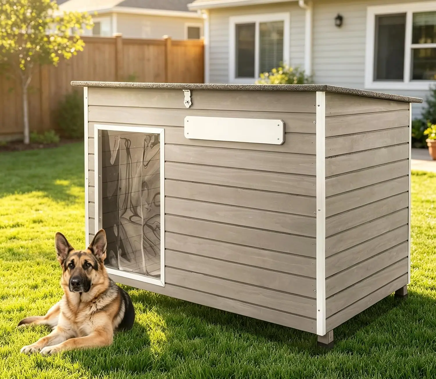 Large Outdoor Dog House, Weatherproof Wood with Chew-Resistant Alloy Frame