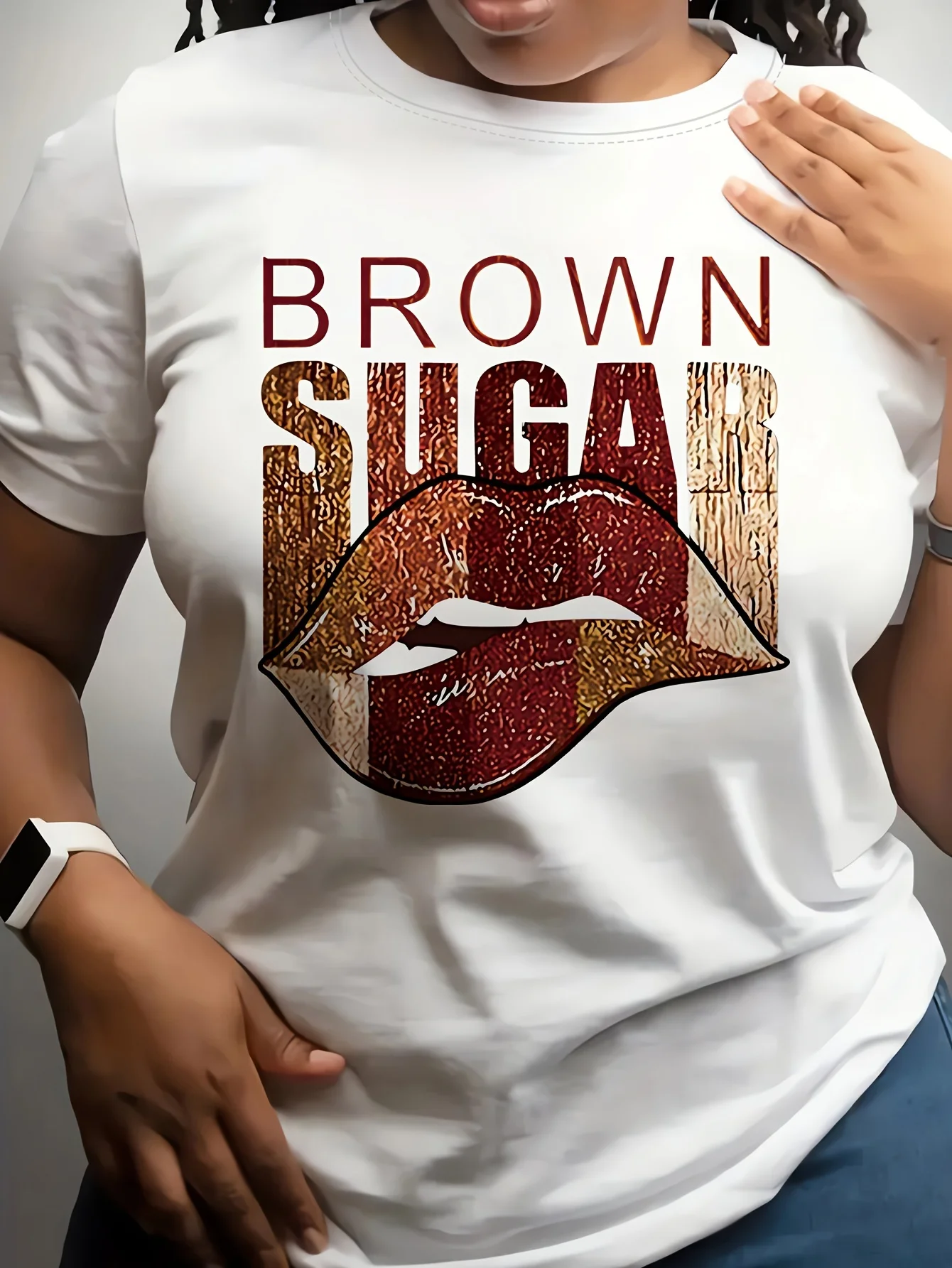 Brown Sugar Lips Women's Tee - Bold Graphic, Casual White Top