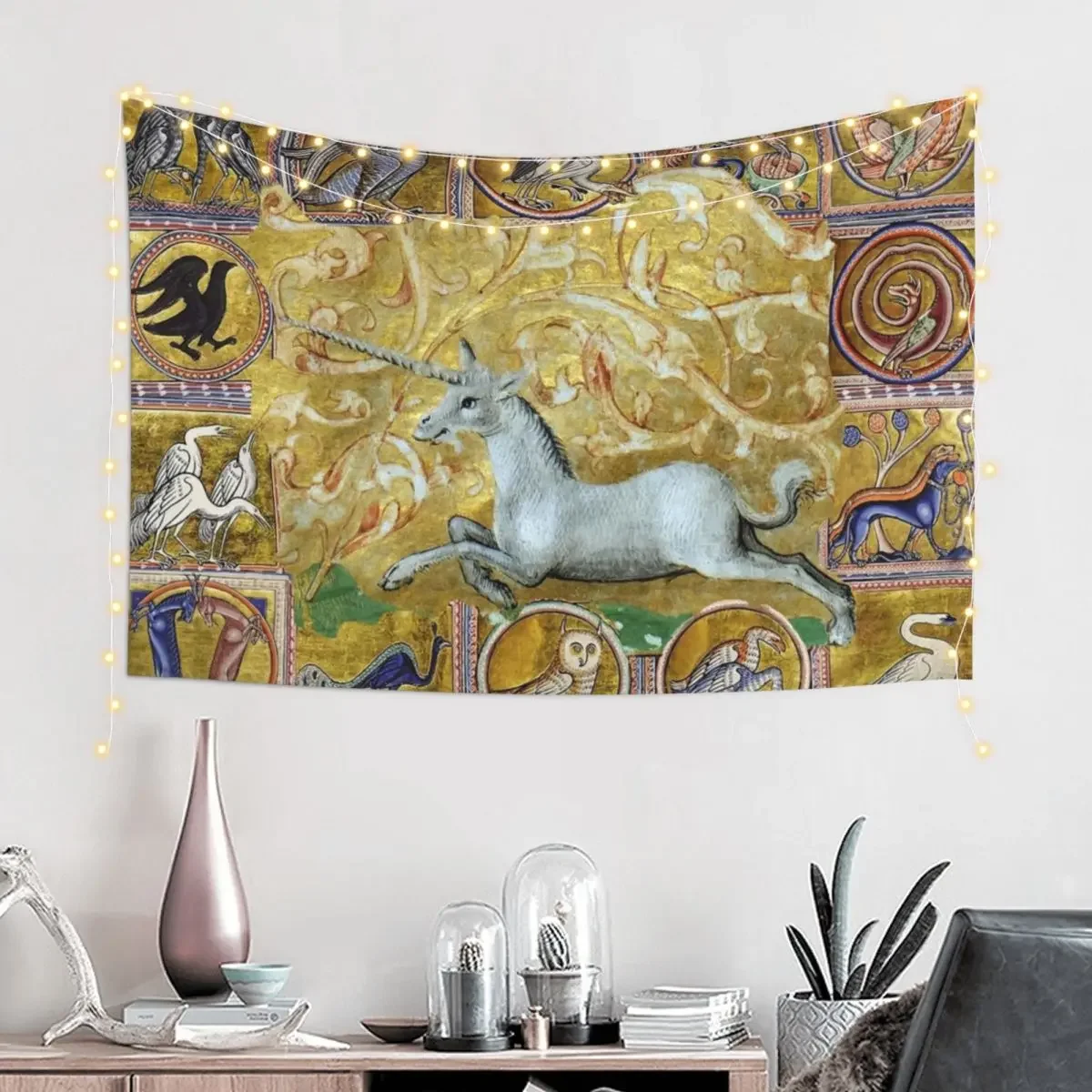 UNCORN AND MEDIEVAL BESTIARY, FANTASTIC ANIMALS IN GOLD RED BLUE COLORS Tapestry Wall Decor Home Decorations Tapestry