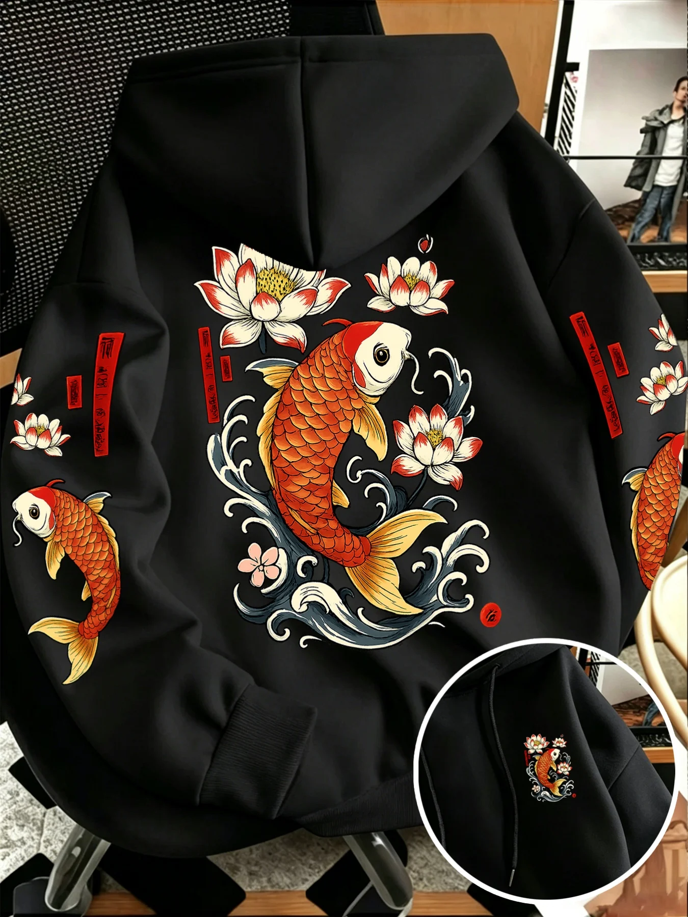 Traditional Chinese Koi Carp Lotus Hoodie Oriental Wave Floral Front Back Sleeve Print Casual Unisex Hooded Sweatshirt
