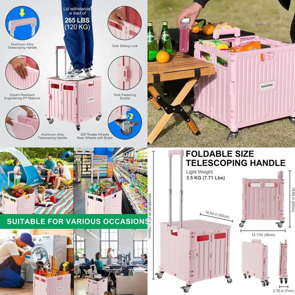 

Portable Rolling Utility Cart with Collapsible Lid, 4-Wheel Trolley for Grocery Shopping and Office Supplies (Pink)