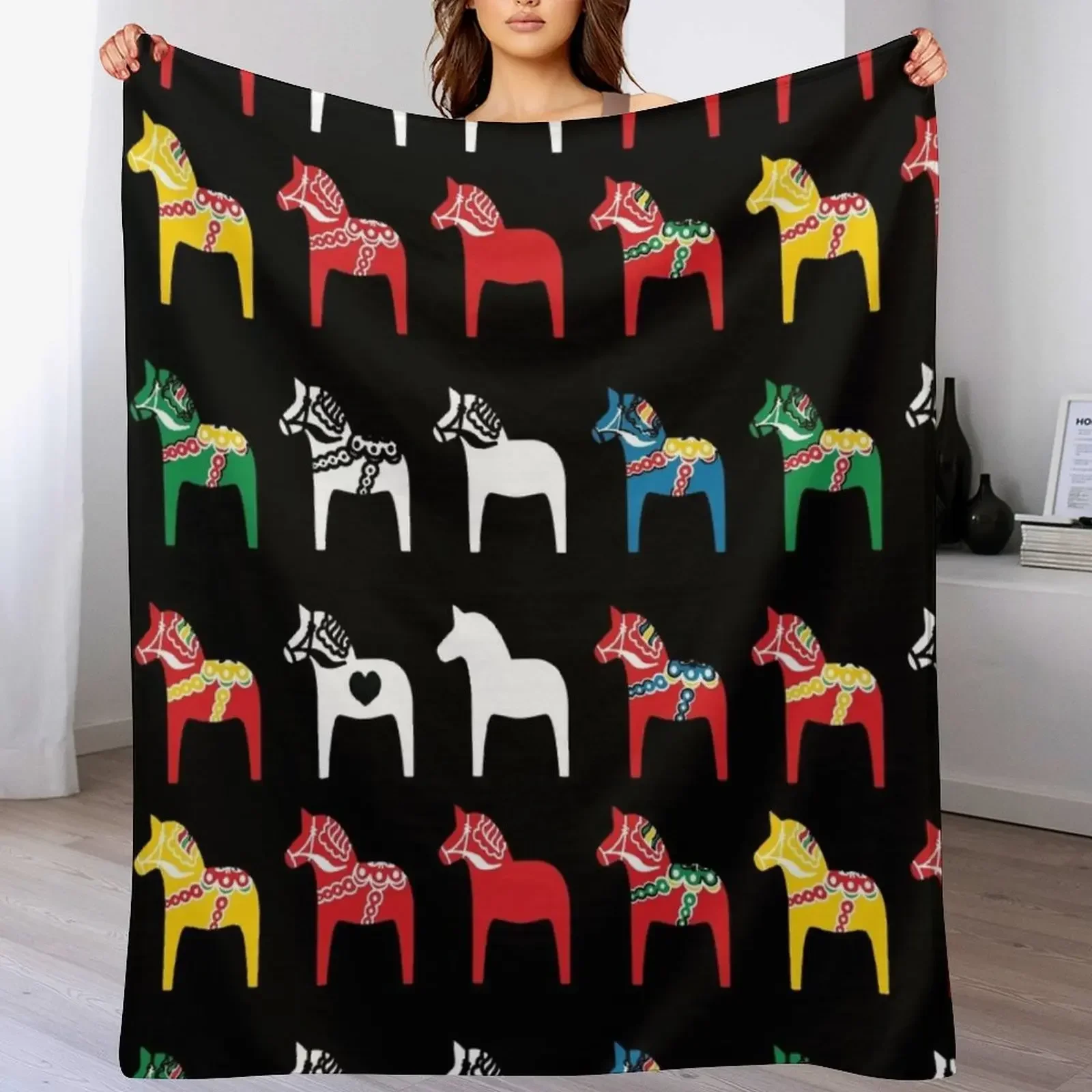 Dala Horses Dalarna Sweden Horse Dalecarlian Swedish Colorful Throw Blanket for babies Thins Soft Beds Sofa Blankets