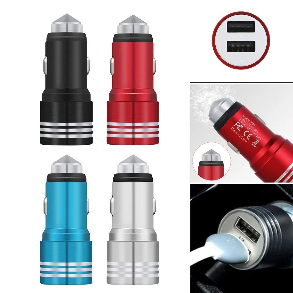 High Quality Dual USB USB Power Delivery Car Charger 5V 2.1A All Metal USB Car Charger Adapter Safety Hammer Cigarette Lighter