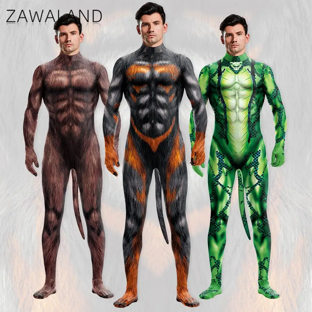 Zawaland Abs Print Petsuit für Männer Orang Dobermann Schlange Cosplay Kostüm Lustiger Ganzanzug Halloween Mottopartys Overall
