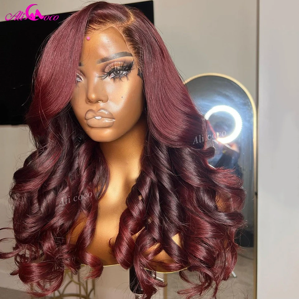 

99J Burgundy Lace Front Wig Human Remy Hair 13x4 Red Color Body Wave Wig Lace Frontal Wig Pre Plucked With Baby Hair 200 Density