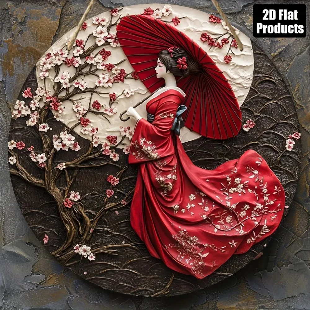 2D Flat, 1pc, Round Metal Board Decorative Painting Sign, Kimono Woman Theme, Suitable for Bar Kitchen Coffee Shop Home Room Li