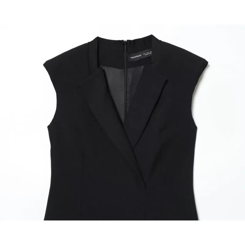 힙심 여성용 패드 숄더 가을 노치드 슬리브리스 미디 드레스 오피스 레이디 여성 시크 드레스