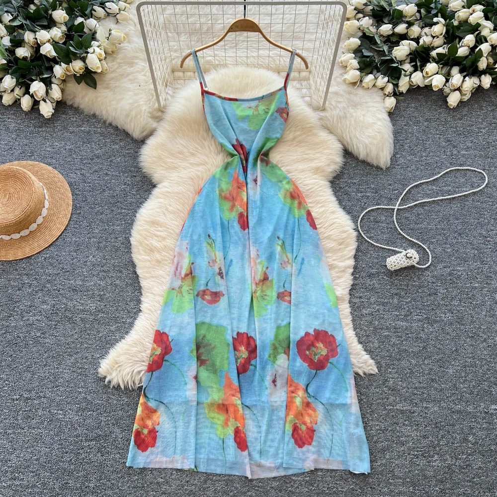 Chic vintage print mesh backless Ruched Elegant dress Fairy korean fashion Boho Sundress women clothing