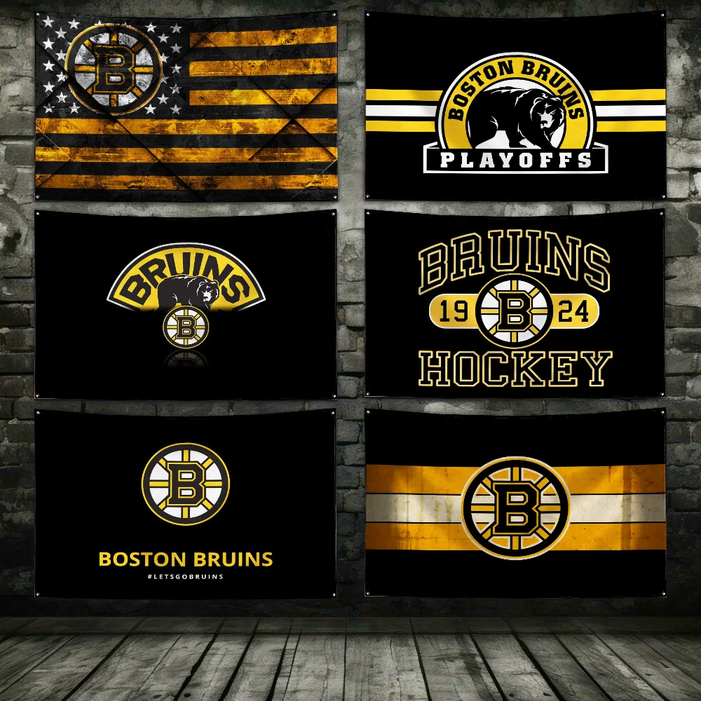 3x5 Ft Ice Hockey Team Bostons Bruin Flag Polyester Digital Printing Banner for Garage Wall Art Out Door Decoration Grommets