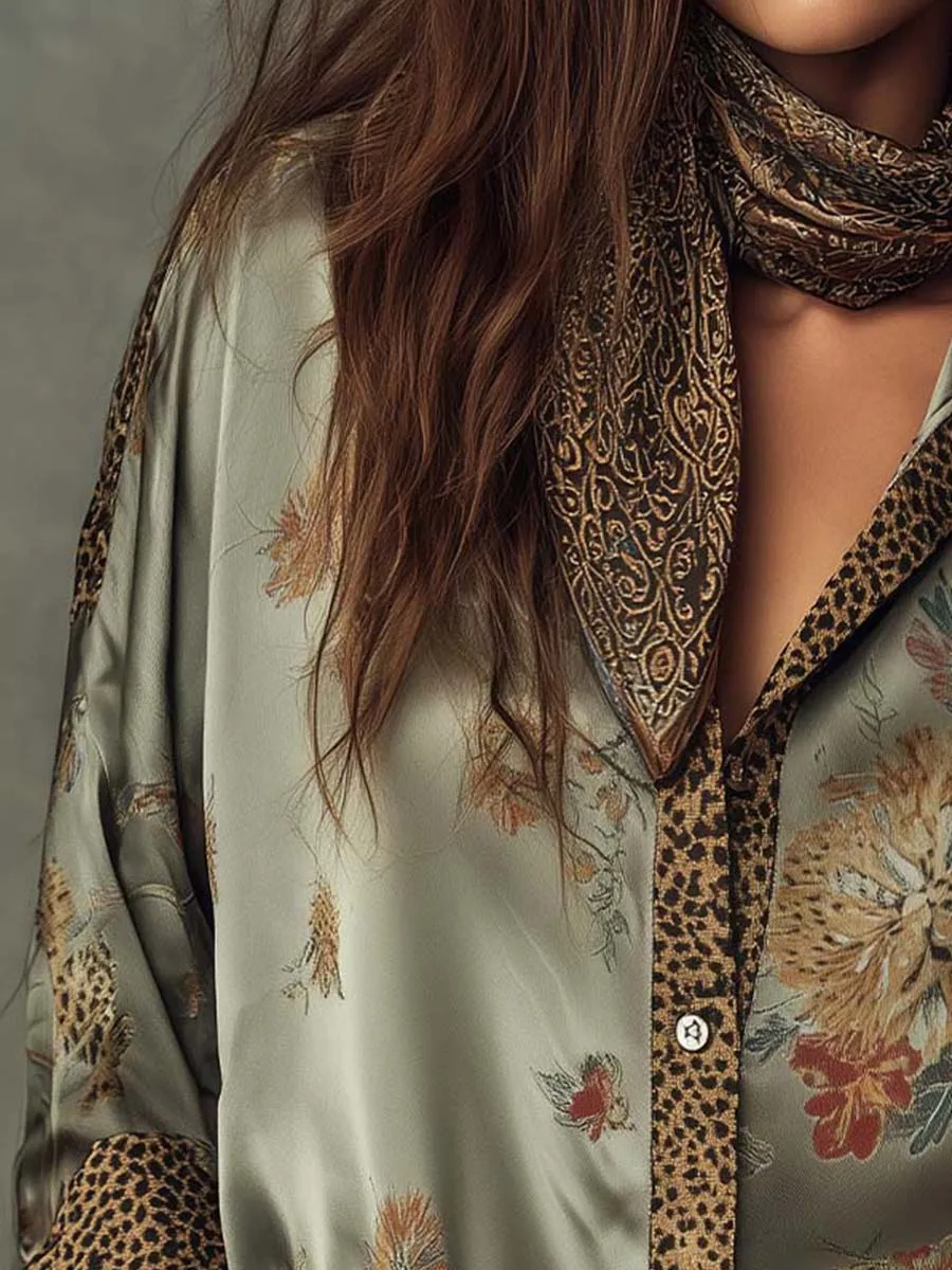 Europäische und amerikanische Blusen mit Blumenmuster für Damen, Leopardenmuster, langärmlig, mit Umlegekragen, Satinbluse mit Schal – Detail 5