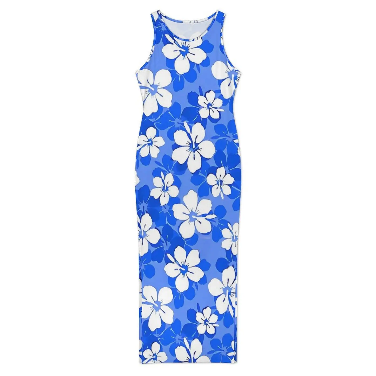 Ladies Bodycon Dress Club Sexy Tropical Flower Maxi Dresses Summer Blue and White Hibiscus Sleeveless Street Style Design Dress