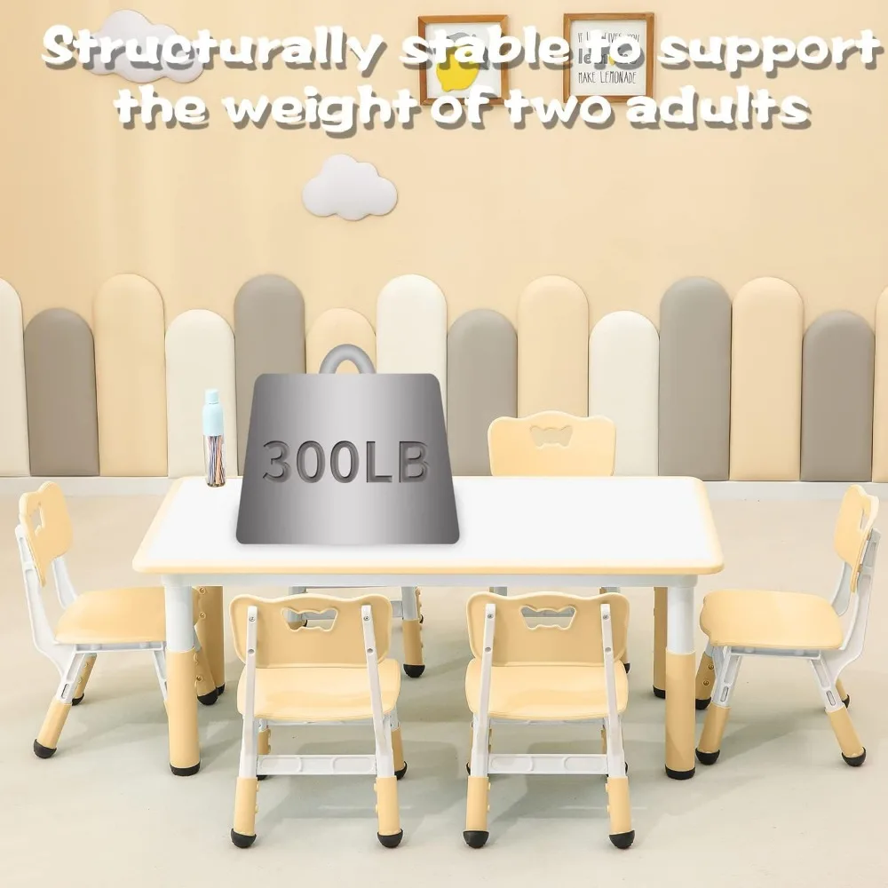 Children's Table Chair Set Suitable Adjustable Table top Can be Painted with 6 Seats Suitable(Wood Color)freight free