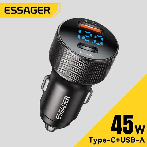 Essager USB C Car Charger 45W 2 Ports PD3.0 QC3.0 Digital Display Car Phone Charger For iPhone 16 15 Xiaomi Huawei Samsung OPPO