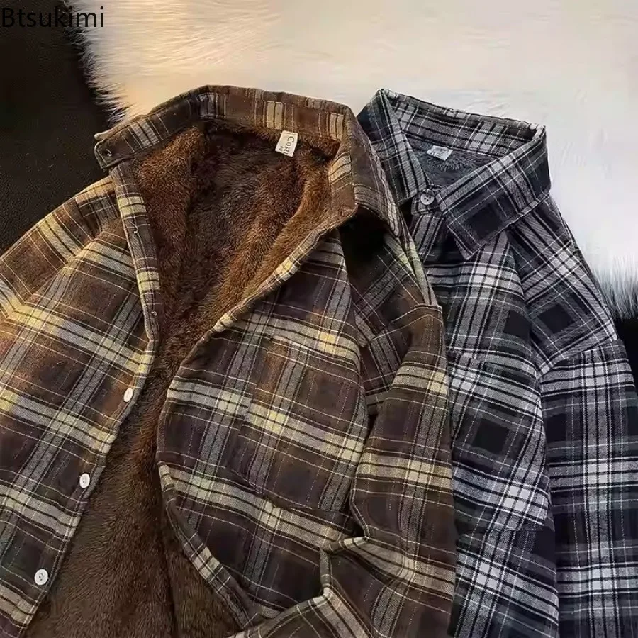 New 2026 Autumn and Winter Plus Velvet Thick Warm Plaid Shirt Men's Long Sleeved Japanese Retro Trend Loose Casual Shirt Jacket