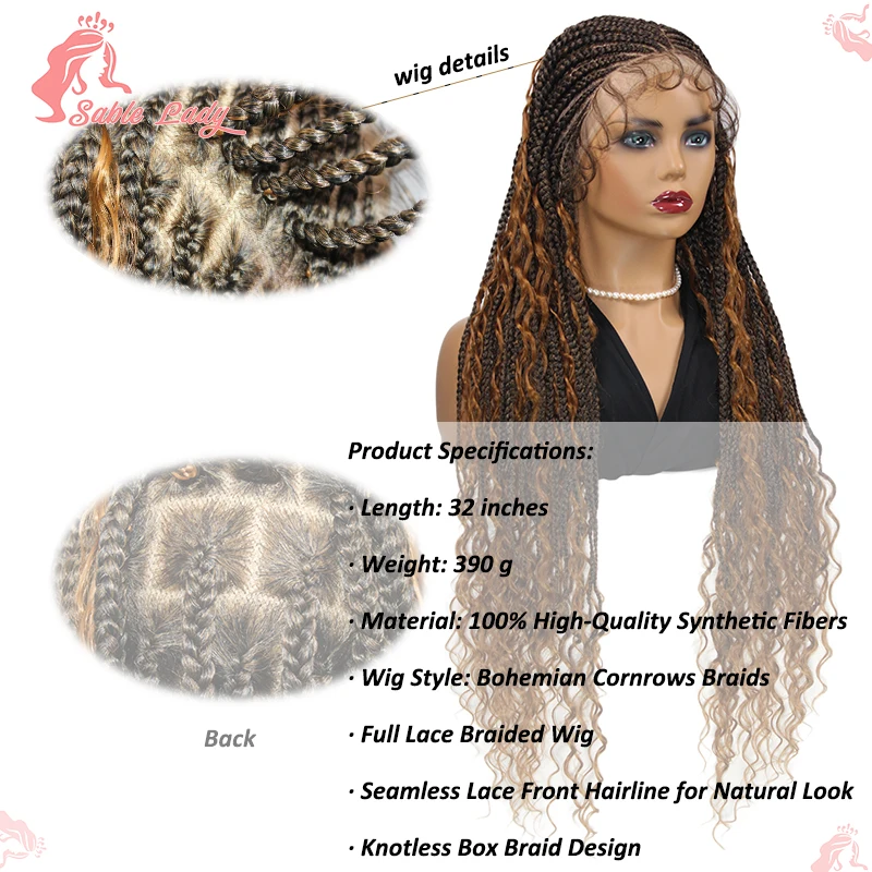 Pelucas de encaje con trenzas bohemias para mujeres negras, peluca trenzada sintética, caja sin nudos de 32 ", 1B27, cabello trenzado de encaje completo