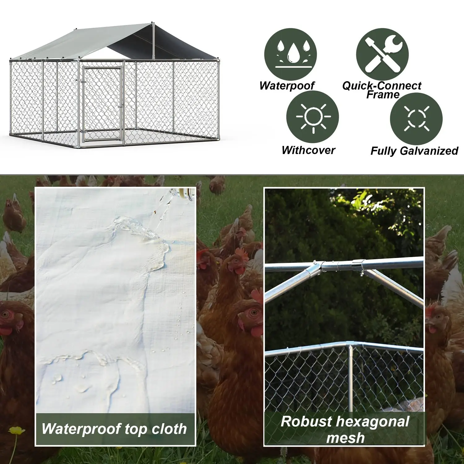 Heavy Duty Outdoor Dog Kennel Galvanized Steel Enclosure Waterproof Cover Lockable Chain Link Playpen All Size Pets, Customized