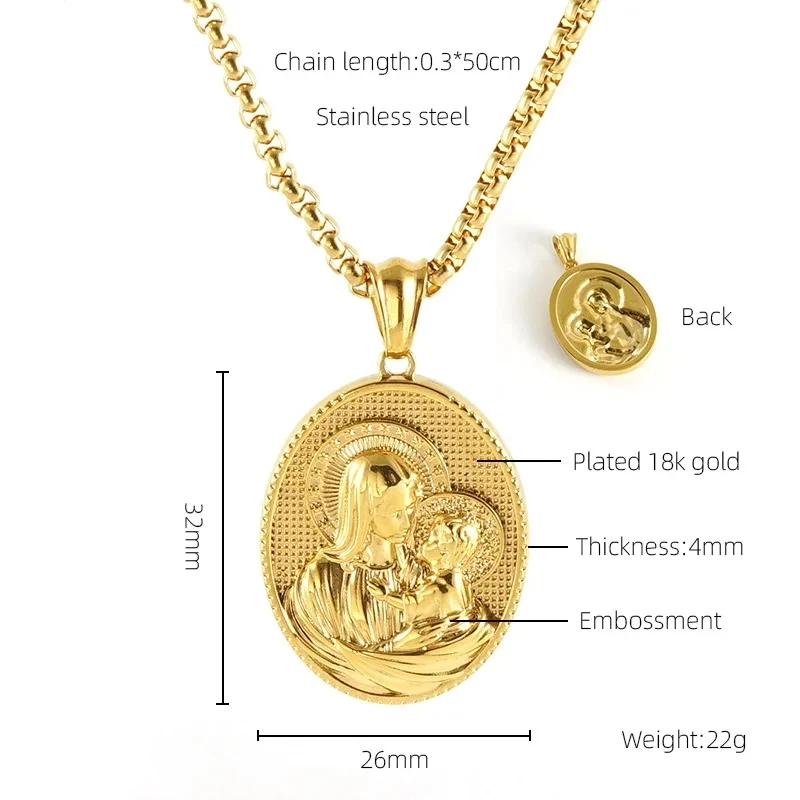 Stainless Steel Virgen Maria Pendant Necklace For Women Men Gold/Silver Color Metal Virgen Mary Medal Necklaces