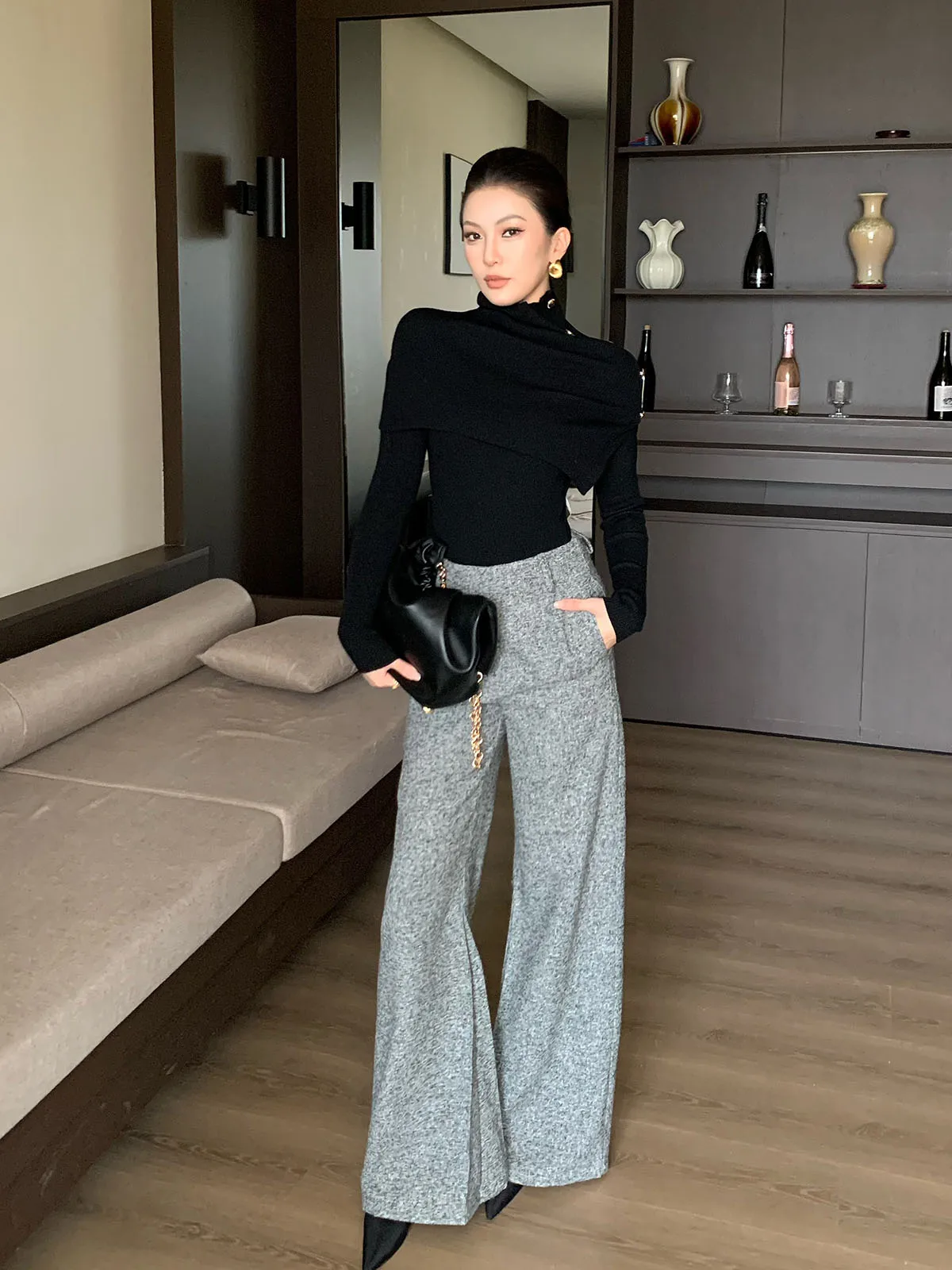 

Модные утягивающие брюки с широкими штанинами для осени и зимы, повседневные универсальные брюки с высокой талией прямого кроя, элегантные женские брюки