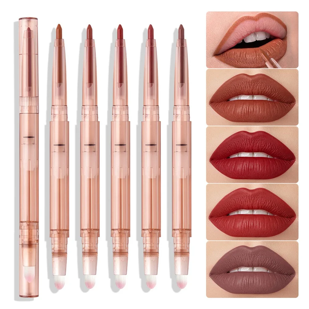 Private Label Lipliner Met Borstel Custom Logo Dubbel-Einde Twist-Up Lipliner Bulk 5-kleuren Pigment Make-Up Waterdichte Lippen Schoonheid