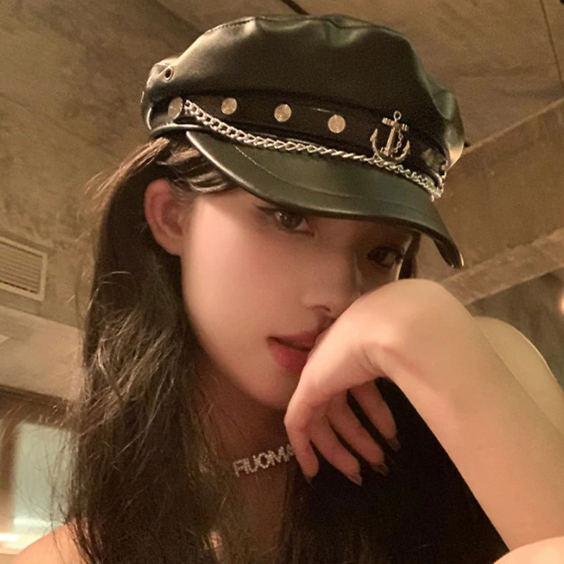 Retro British Style Berets Female Korean Pu Leather Casual Cap Boat Anchor Chain Link Rivet Decoration Japanese Octagonal Caps view 2