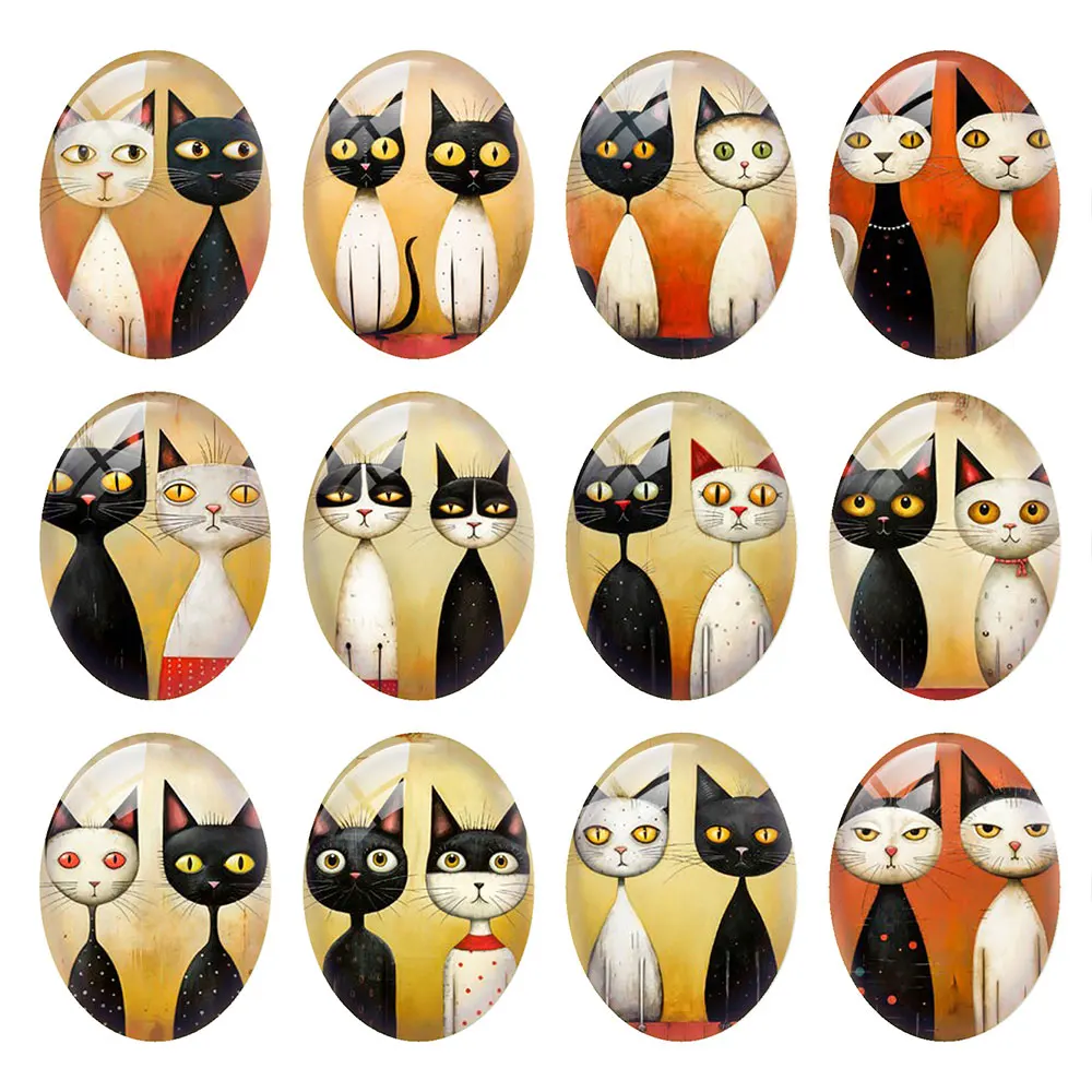 10pcs/lots Oval Photo Glass Cabochon Charms Cute Couple Cats Demo Flat Back Cameo For Diy Jewelry Making Finding Accessories