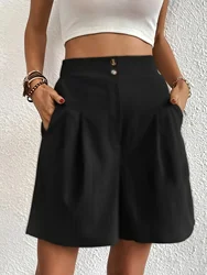 Plus Size Solid Pleated Wide Leg Shorts Casual High Waist Shorts For Spring Summer Women's Plus Size Clothing