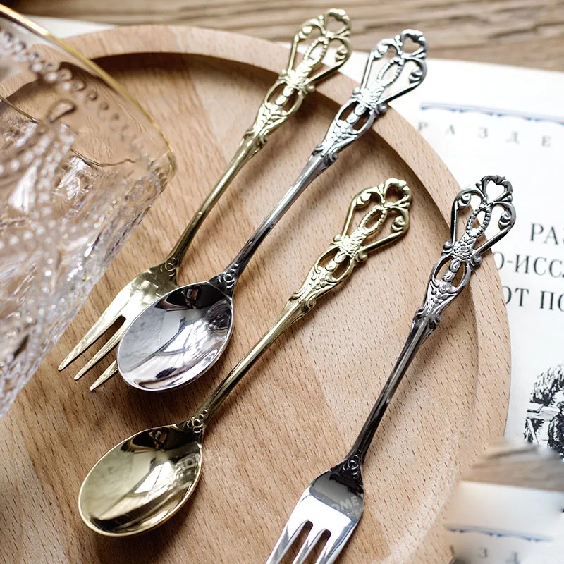 Vintage Embodied Gold Plated Stainless Steel Spoon, Retro Fork, Ice Cream Spoon, Tableware Set, Coffee Spoon, Photography Props,