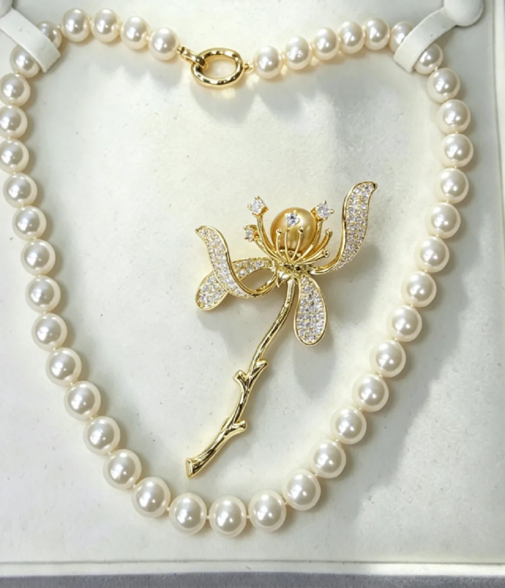 Classic necklace AAAA10-11mm natural South Sea white pearl necklace 18in+gold pearl 11-12mm brooch 925s