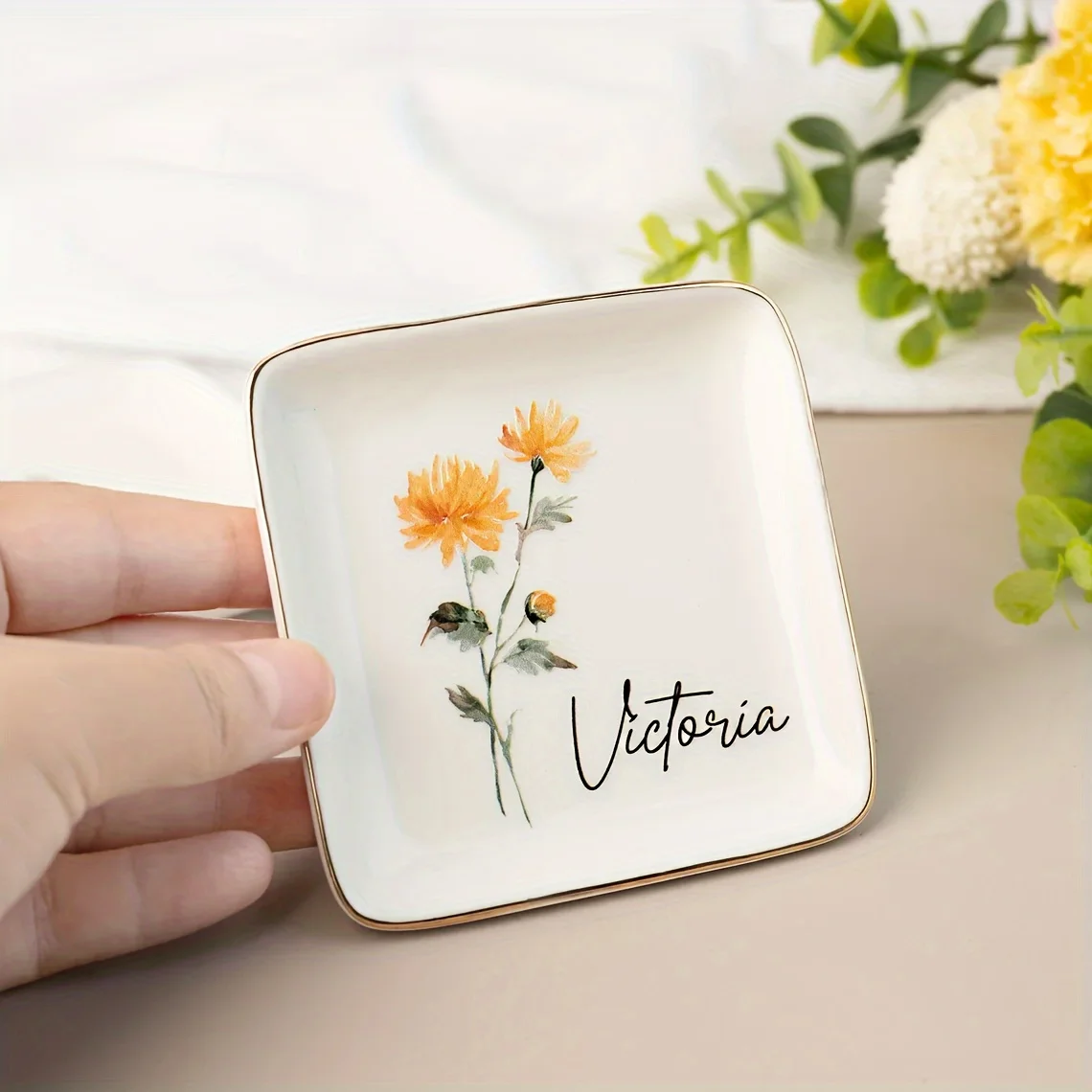 Customizable Personalized Birthday Floral Jewelry Tray, Watercolor Flower Wreath Plate, Friendship Gift, Bridal Party Favor, Chr