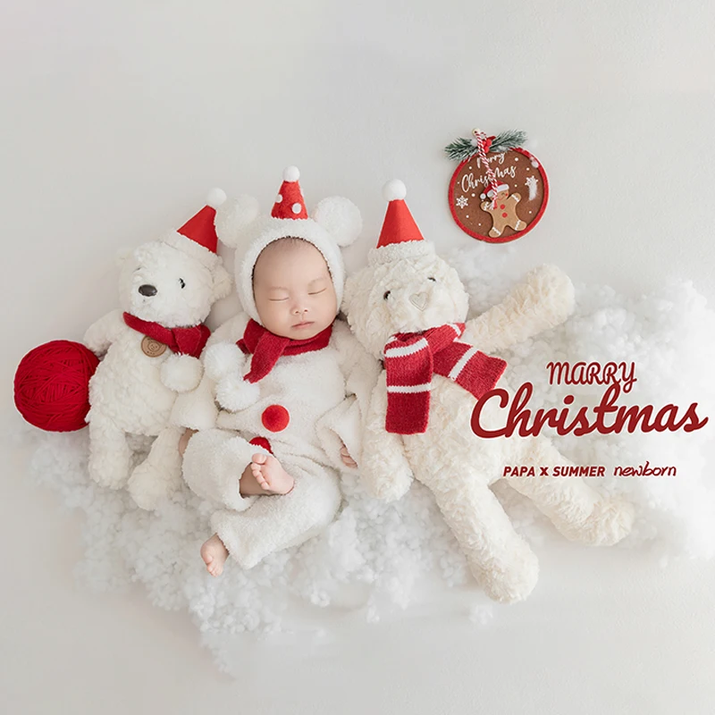 Tuta natalizia per neonato Puntelli per fotografia neonato 0-1 mesi Abito caldo per bambino con cappello, orsacchiotto in posa per bambola Servizio fotografico in studio